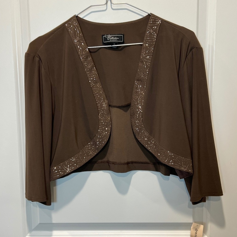 Dressbarn Womens Bolero Jacket Glitter Floral Trim Brown Size 14 NWT